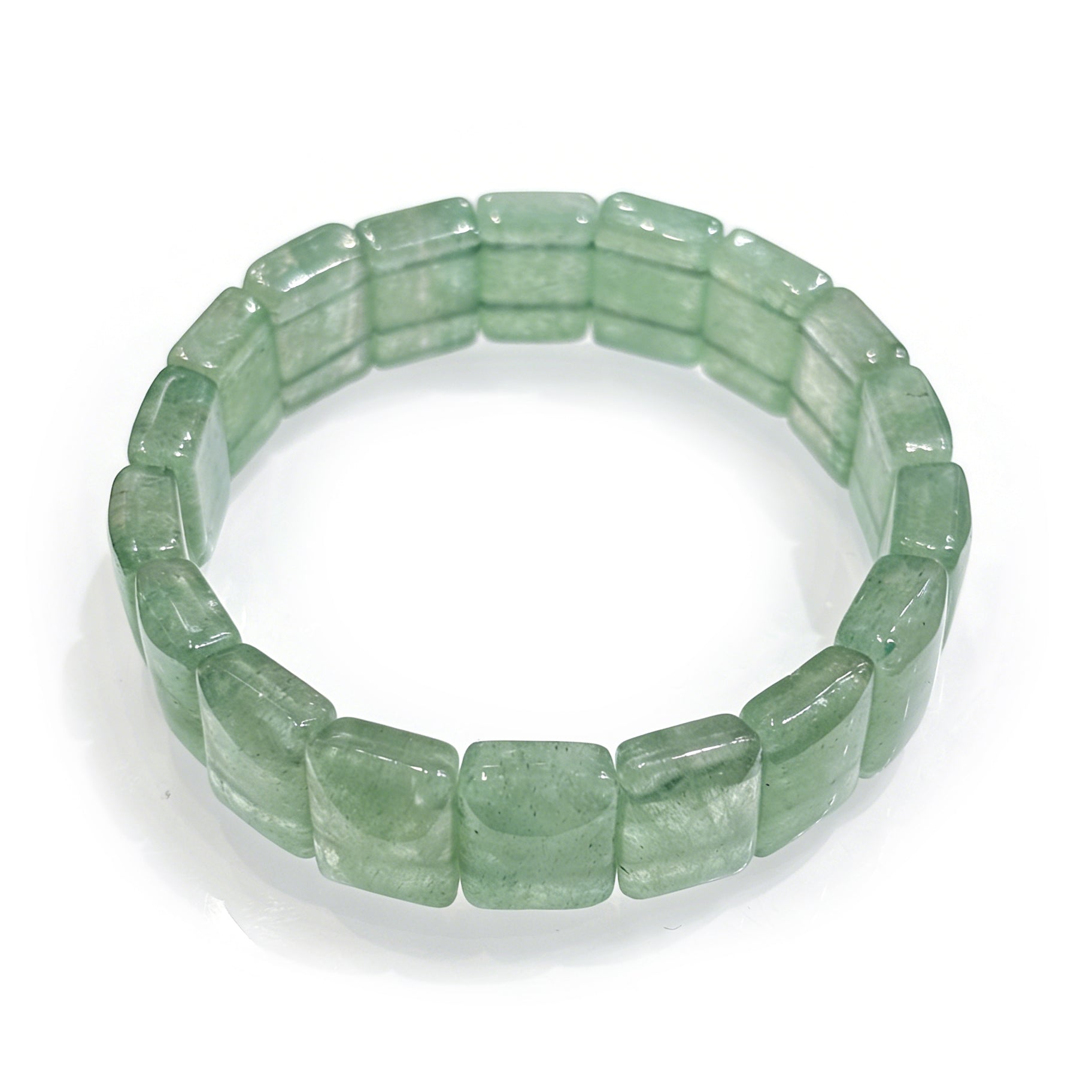 Natural green strawberry quartz tablet bead bracelet with soft green hue and white cloud-like inclusions; 17cm stretch for mindful minimalism