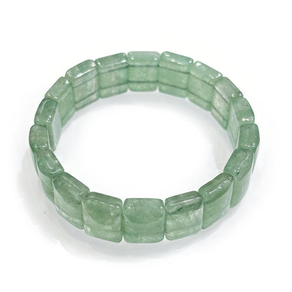 Natural green strawberry quartz tablet bead bracelet with soft green hue and white cloud-like inclusions; 17cm stretch for mindful minimalism