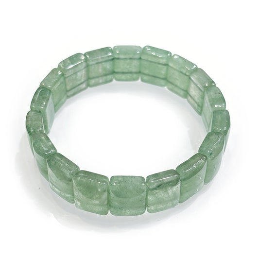 Natural green strawberry quartz tablet bead bracelet with soft green hue and white cloud-like inclusions; 17cm stretch for mindful minimalism