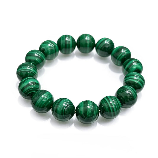 Natural malachite stretch bracelet with 14mm faceted round beads on elastic cord, displayed in circle on white background, no metal