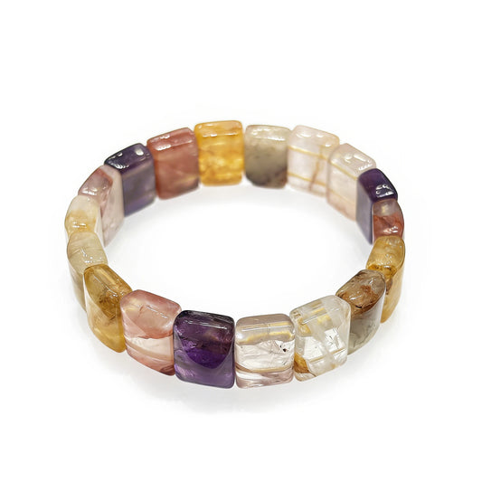 Natural multi-gemstone square slab bead bracelet with amethyst, citrine, rose quartz & clear quartz; color-inspired harmony design