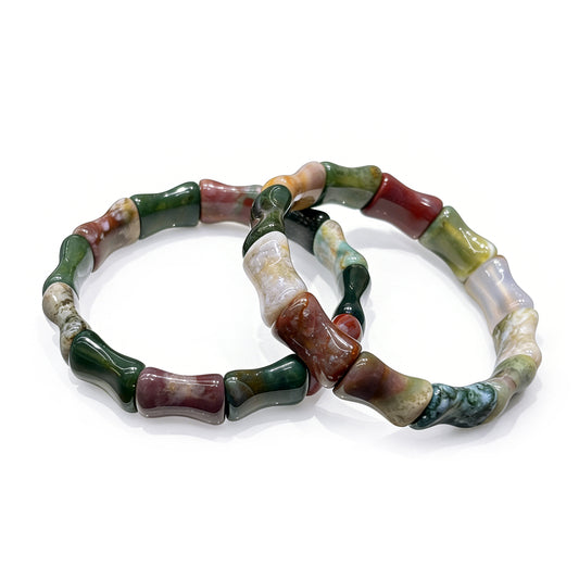 Natural ocean jasper bamboo-shaped bead bracelet with green, red, white & grey bands; 17cm stretch for artistic daily wear