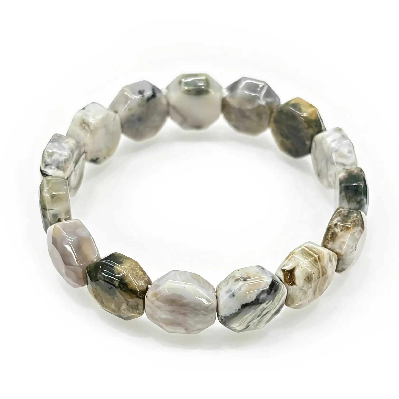 Authentic natural Ocean Jasper bracelet with genuine faceted round beads, showing characteristic concentric banding—no dye, no resin