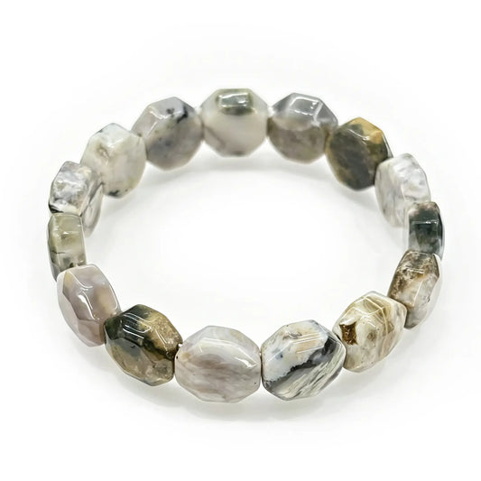 Authentic natural Ocean Jasper bracelet with genuine faceted round beads, showing characteristic concentric banding—no dye, no resin