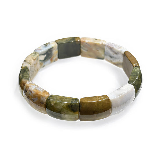 Natural ocean jasper square tablet bead bracelet with green, white and brown swirls; smooth finish, 17cm stretch design for daily wear