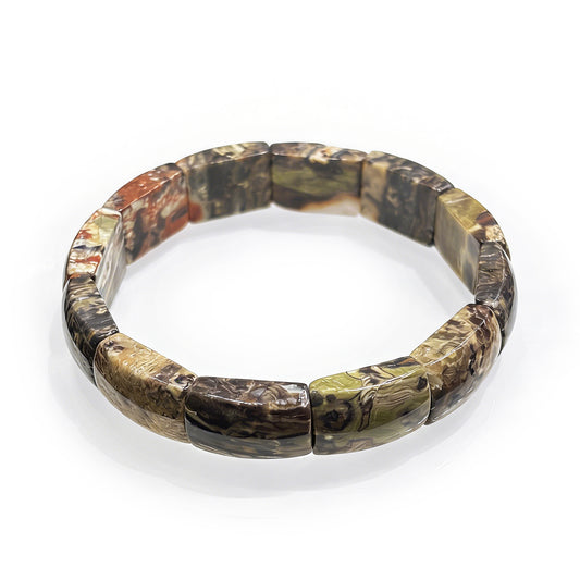Natural picture jasper bangle bracelet with earthy brown-green-red layered pattern, rectangular beads, elastic stretch design