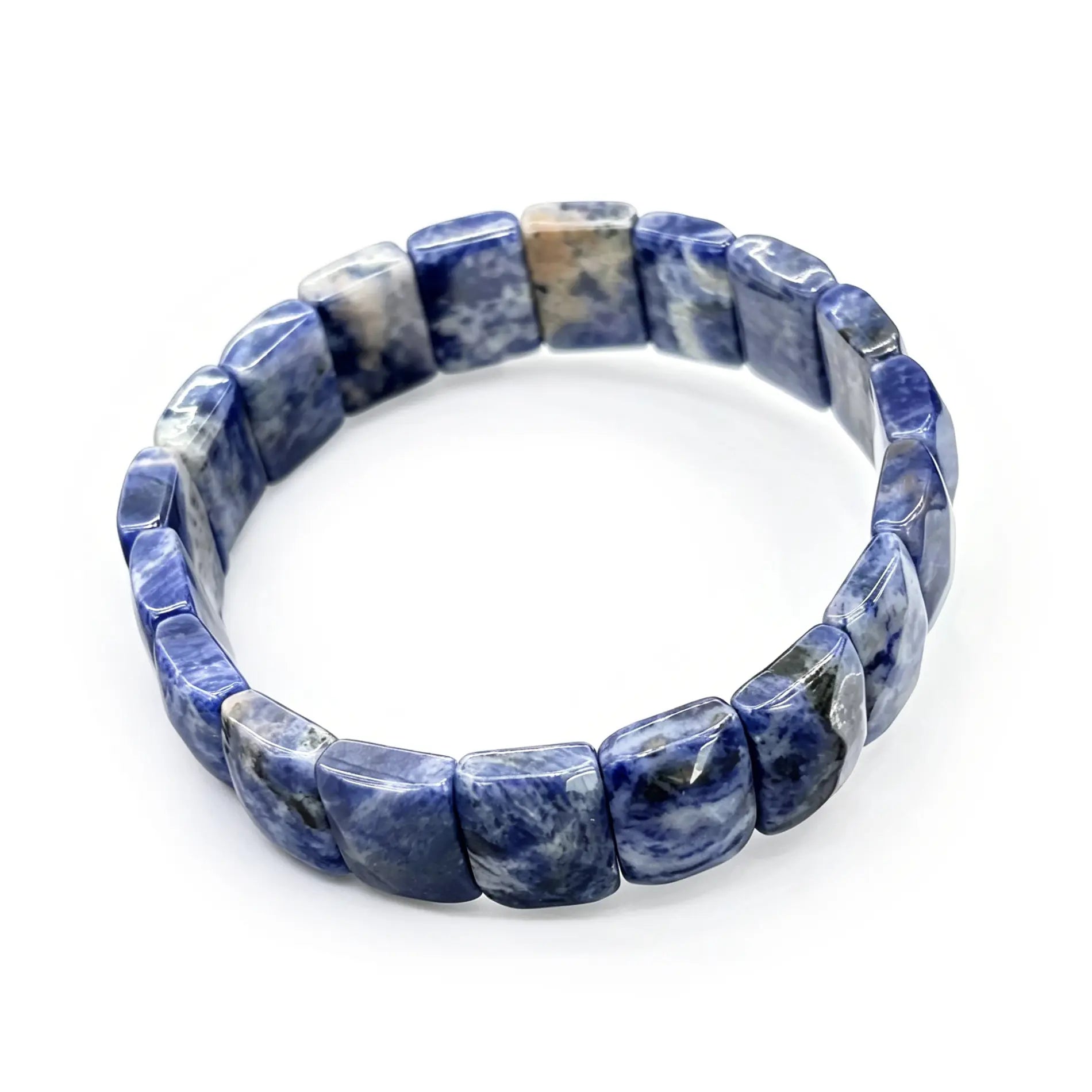 Authentic natural sodalite bracelet with rectangular faceted beads showing characteristic white veining—handmade stretch design