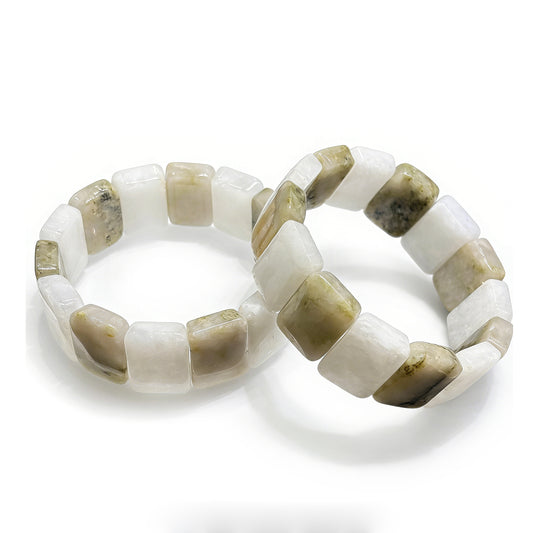 Natural Tianshan jade square slab bead bracelet with soft white base and gentle green-gray inclusions; unisex minimalist design