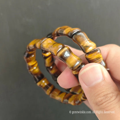 Natural Tiger Eye Gemstone Bamboo Carved Tube Bead Bracelet
