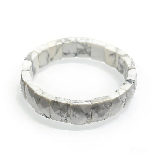 Natural white stone rectangular slab bead bracelet with organic gray veining; minimalist design, elastic stretch for daily wear