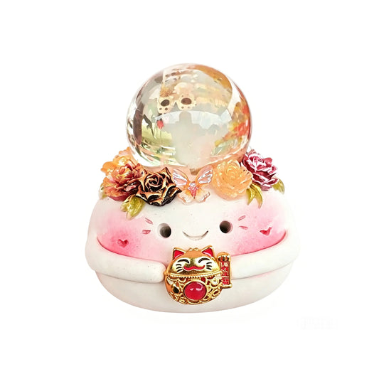 Handmade mini figurine featuring a genuine natural yellow citrine crystal sphere, Maneki-neko charm, and floral crown for wealth & success