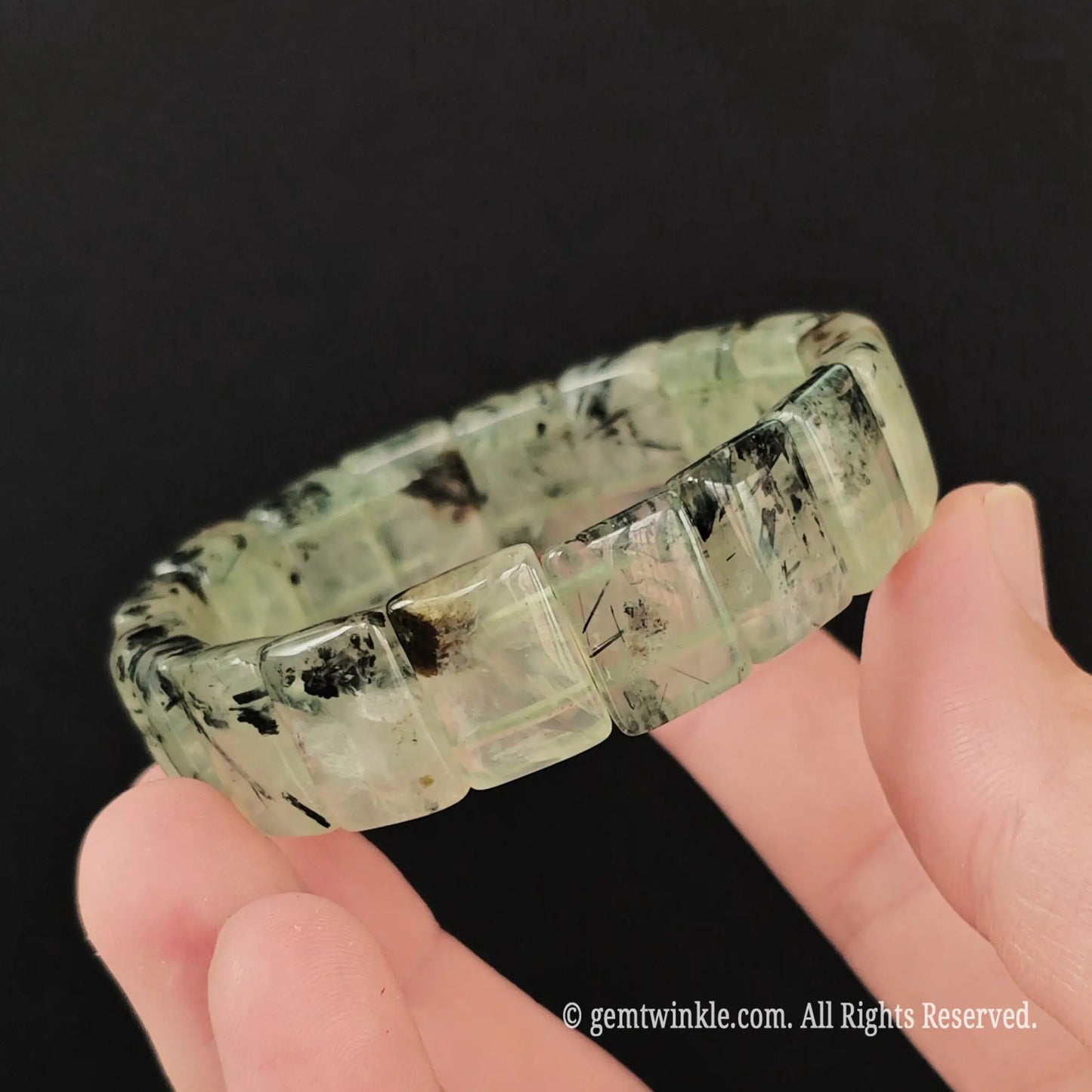 translucent prehnite tourmaline needles block bead bracelet full view
