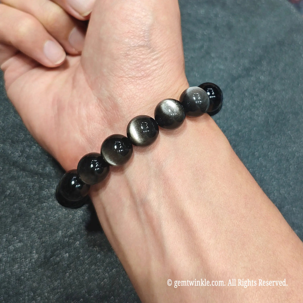 Premium Silver Sheen Obsidian Bracelet 12mm | Sharp Cat Eye Bangle
