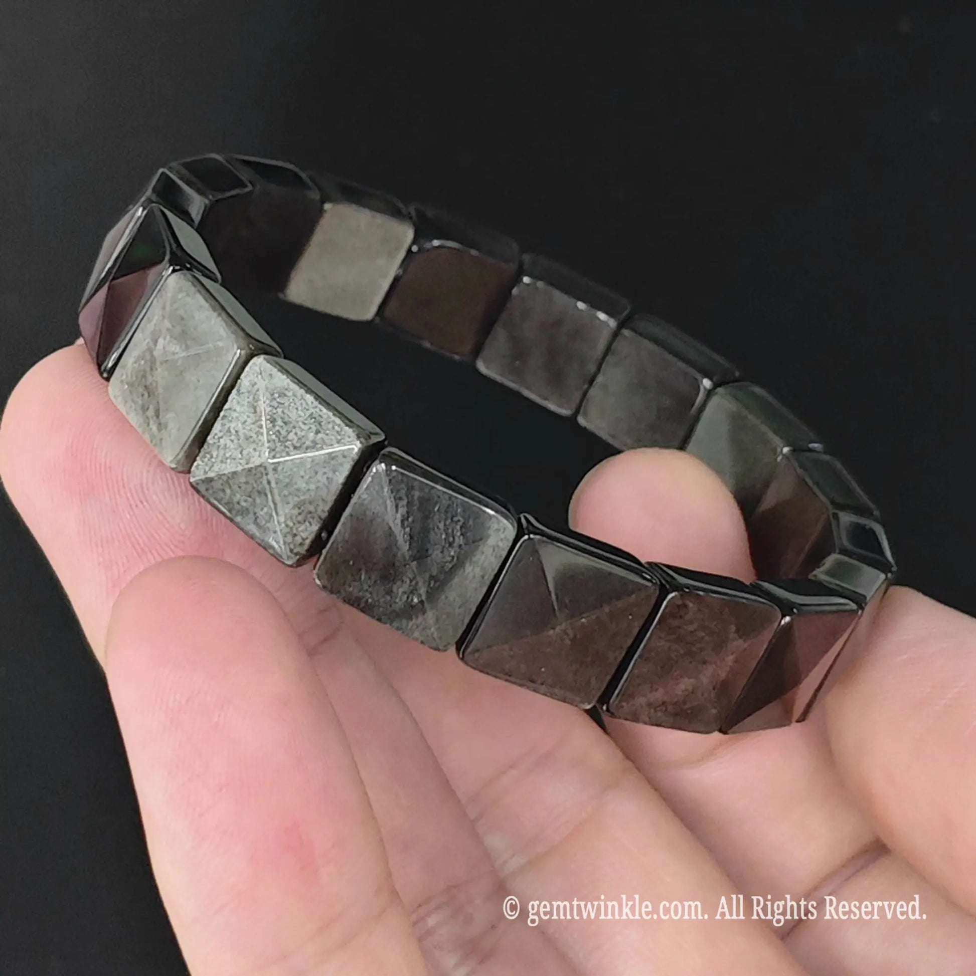 silver sheen obsidian geometric pyramid cut square bead bracelet overview