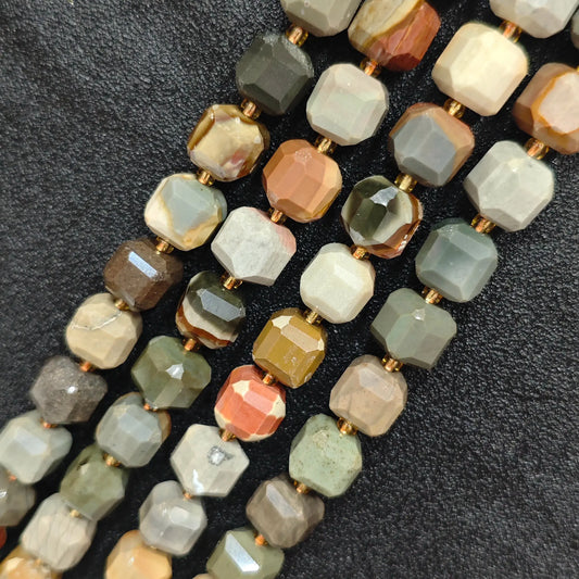 Close up of multi strands of natural ocean jasper soft-tumbled geometric cube beads showing overall strand layout