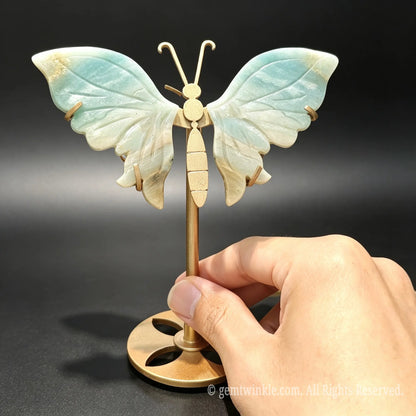 Carved old mine amazonite butterfly gemstone figurine featuring deep teal and white matrix textures