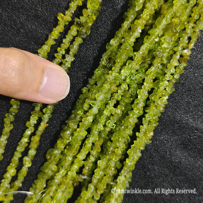 Close up hand holding natural peridot stone chips displaying polished green surfaces and fine drill holes[cite: 6]
