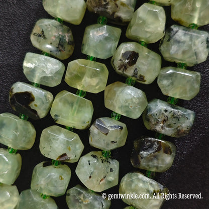 Multiple strands of natural green prehnite freeform faceted beads aligned showing unique shapes and bead variations