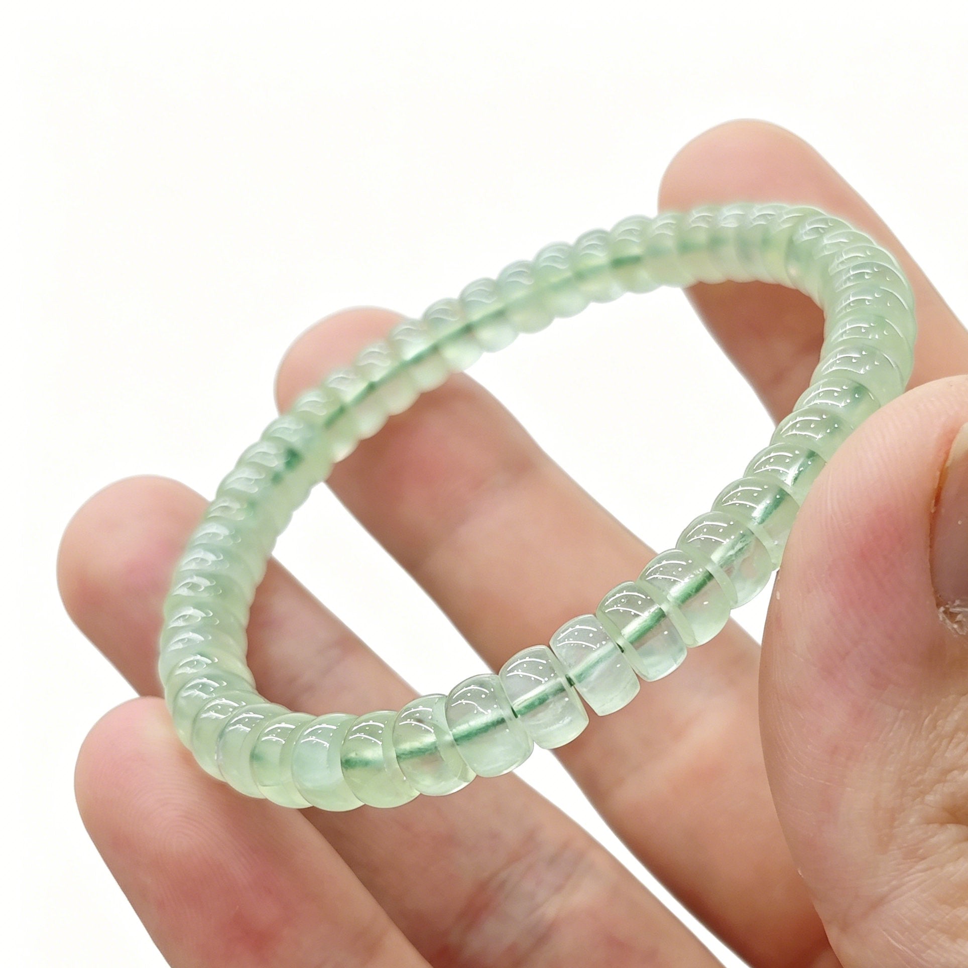 Natural prehnite tablet beads in soft apple green, 6×3mm size, with subtle internal inclusions—stretch elastic design