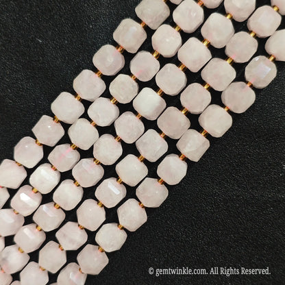 Vertical layout of natural rose quartz 10mm soft square gemstone block beads to show proportion and crystalline texture