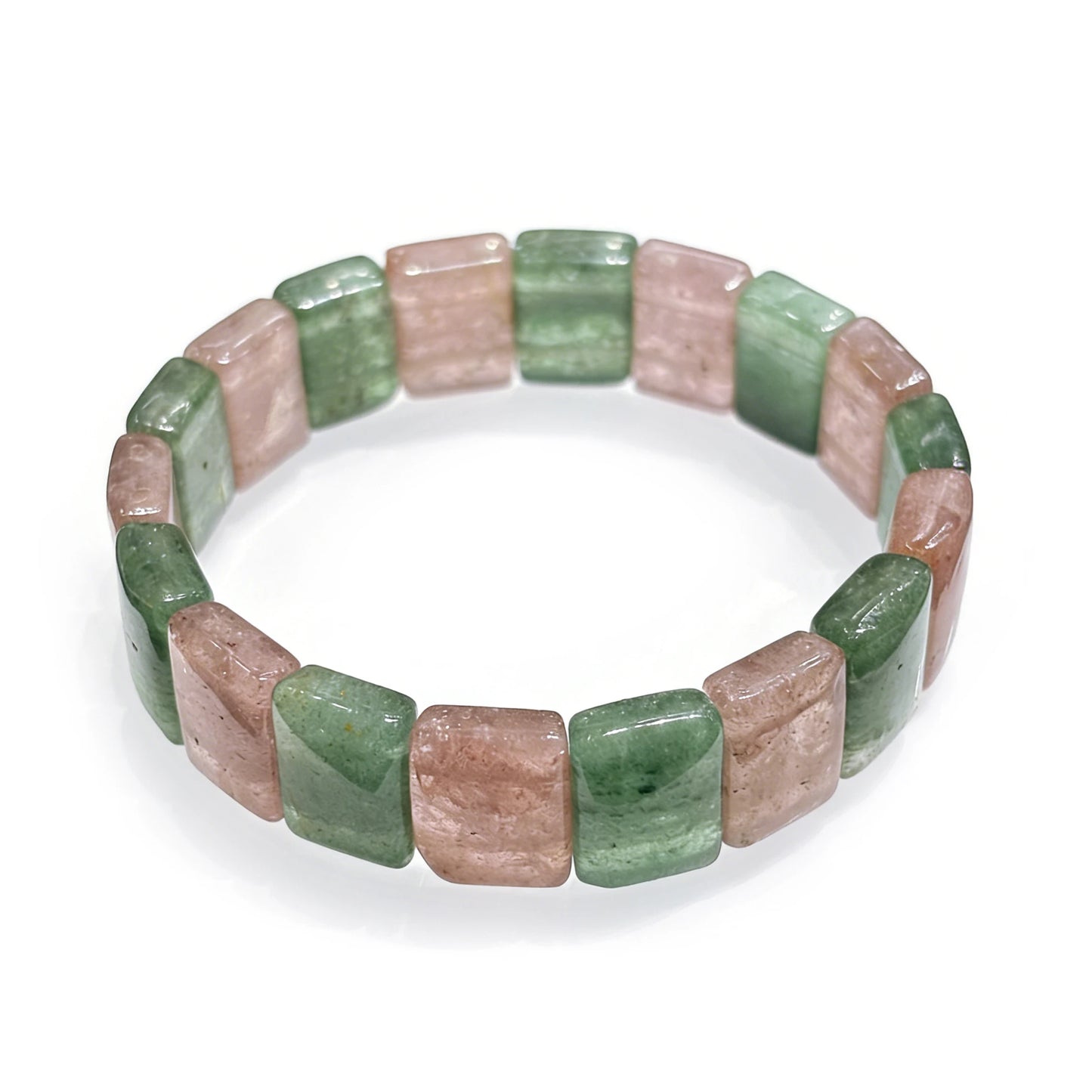 Natural pink and green strawberry quartz rectangular slab bracelet on white background, handmade elastic gemstone jewelry