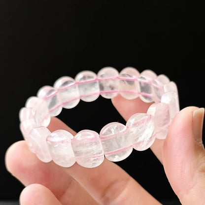 Natural rose quartz hand-stacked bracelet with delicate pink cord, minimalist Korean-style jewelry for everyday elegance and self-love