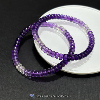 Two natural amethyst disc bead bracelets stacked on white ceramic dish; shows layering style for modern boho or quiet luxury looks