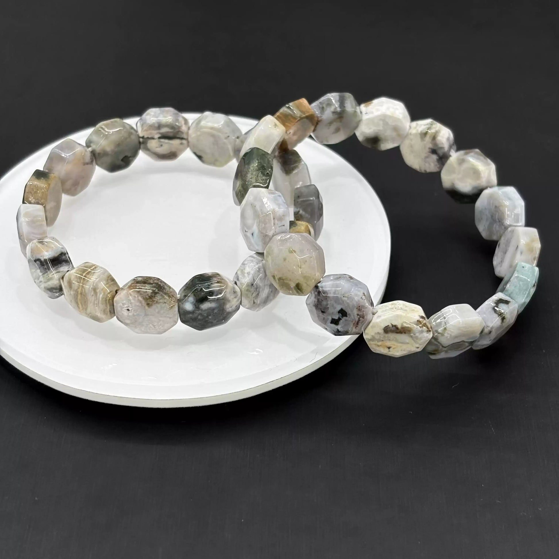 Minimalist layered look: natural Ocean Jasper stretch bracelets for versatile styling—no metal, no clasp