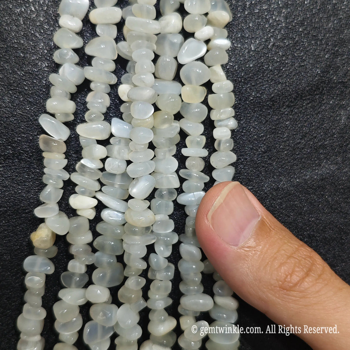 Detailed view of long 75cm natural white moonstone chipped strand ready for studio DIY projects[cite: 7]