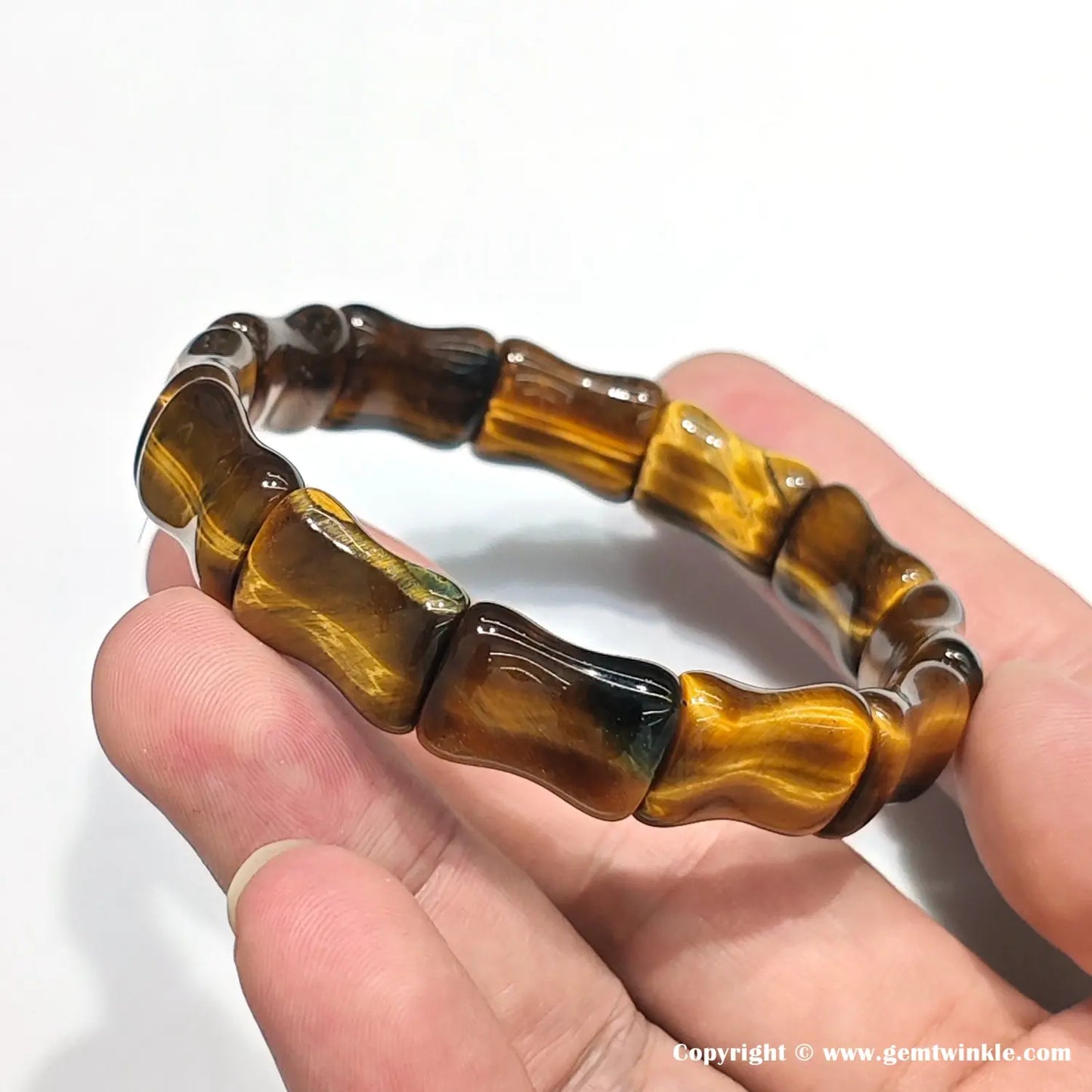 Full circle view of women's golden tiger eye bamboo bangle (18mm length), minimalist boho style, perfect for gifting or personal collection