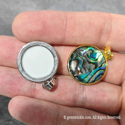 Back and front view comparison of 2cm round abalone shell charm showing smooth solid alloy backing and vivid shell face