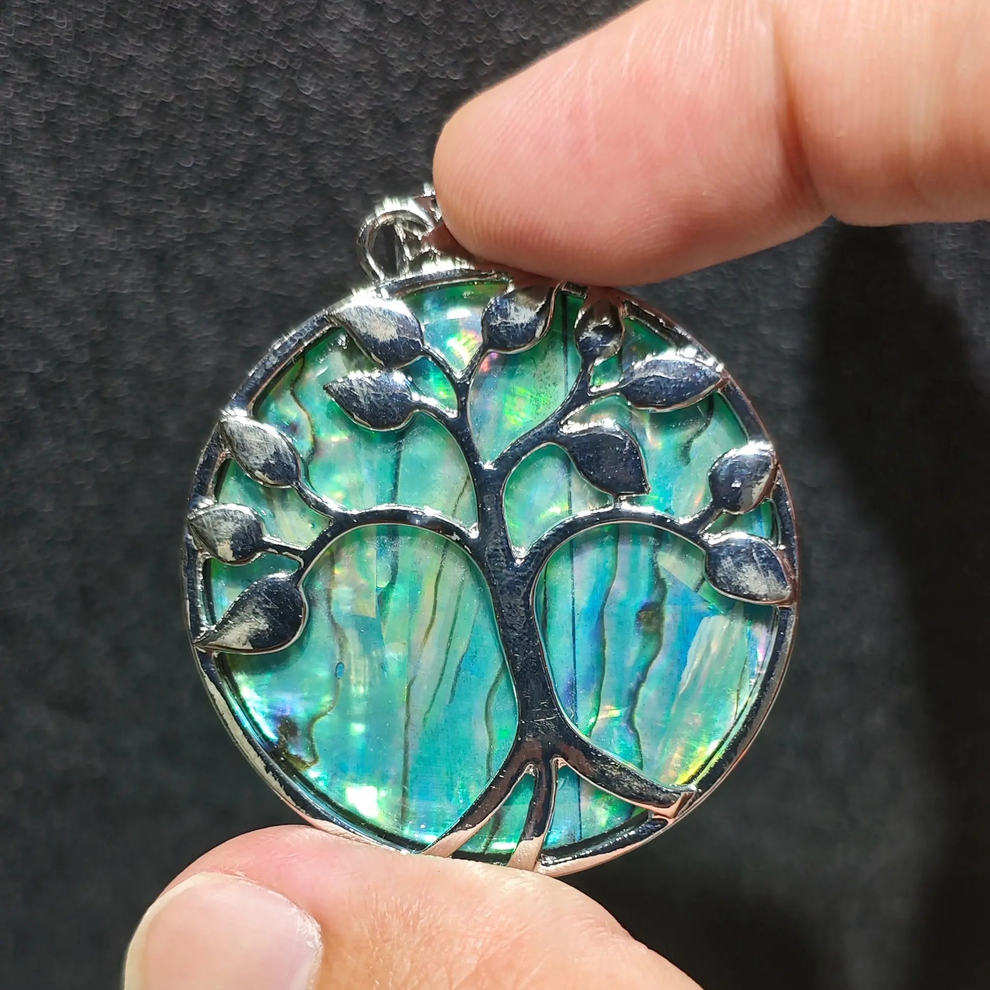 Side angle display of Tree of Life abalone shell pendant held in fingers showcasing smooth alloy rim finish