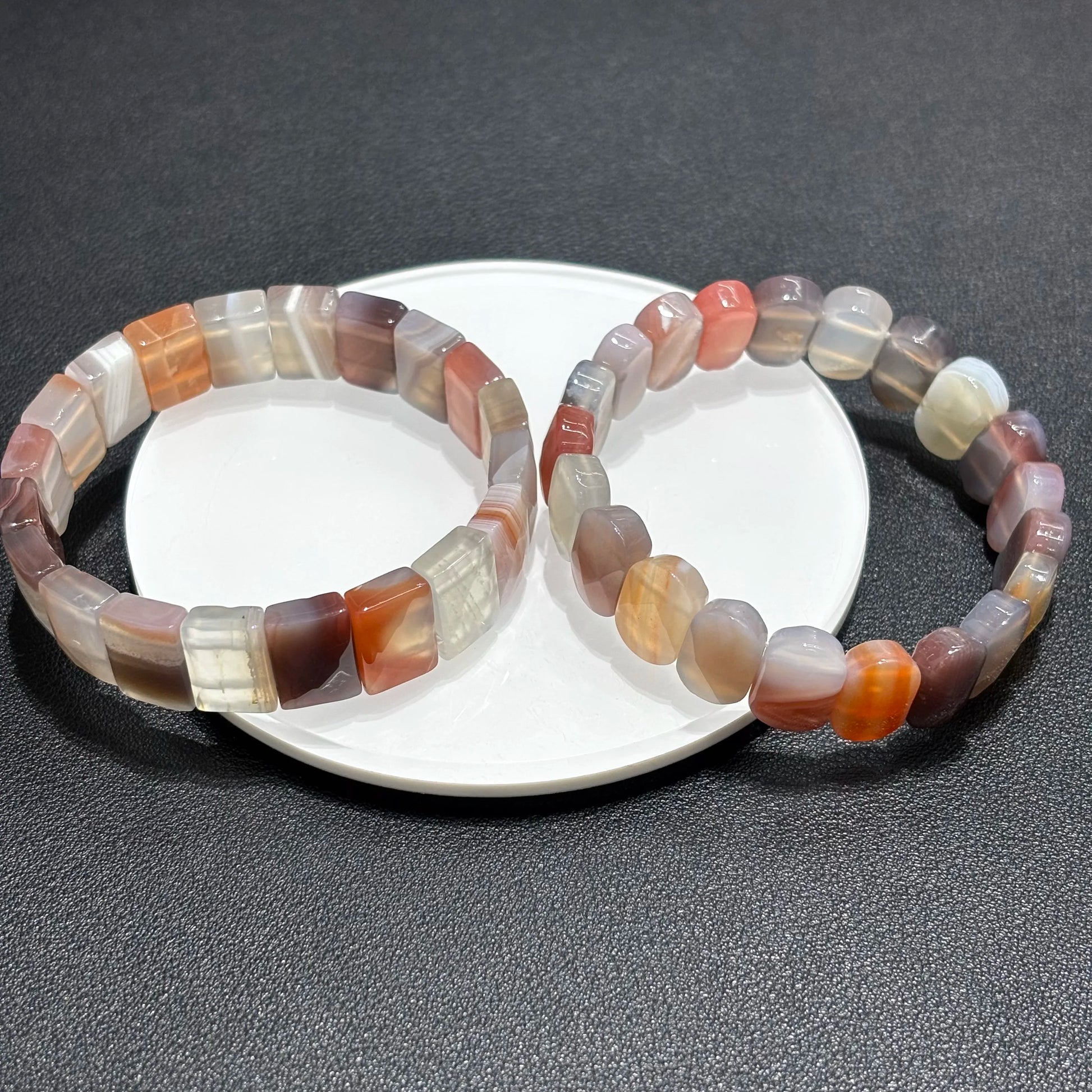 Single Multi Color Agate Cube Bangle Bracelet on White Plate - Rectangle and Oval Bead Mix - 18cm Elastic Stretch - Lovely Boho Jewelry