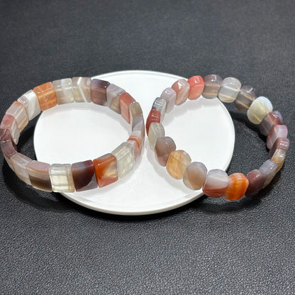 Single Multi Color Agate Cube Bangle Bracelet on White Plate - Rectangle and Oval Bead Mix - 18cm Elastic Stretch - Lovely Boho Jewelry
