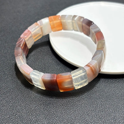 Multi Color Agate Cube Bangle Bracelet Worn on Wrist - Pink, Brown, and White Pattern - 18cm Elastic Stretch - Boho Style