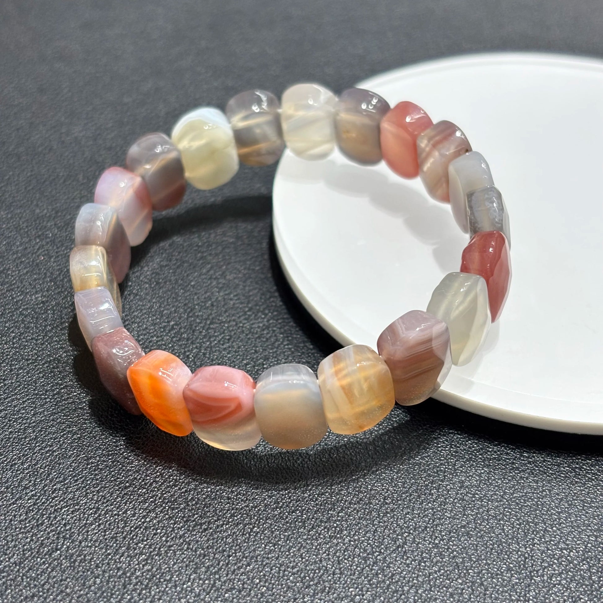 Multi Color Agate Cube Bangle Bracelet Worn on Wrist with Stack - Pink, Brown, and White Pattern - 18cm Elastic Stretch - Boho Style