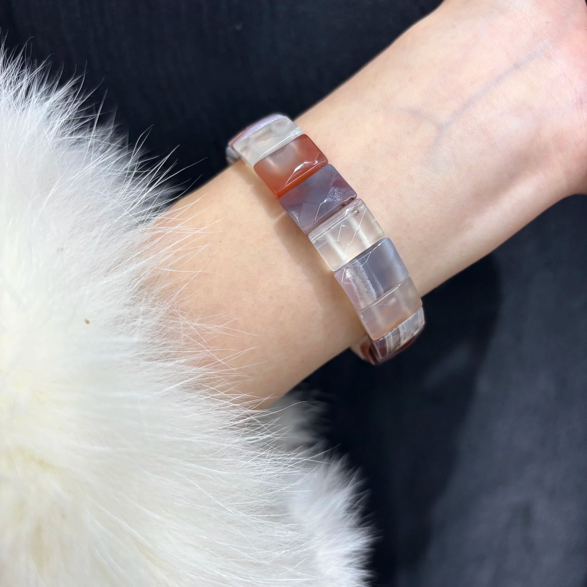 Multi Color Agate Cube Bangle Bracelet Worn on Wrist with Stack - Pink, Brown, and White Pattern - 18cm Elastic Stretch - Boho Style