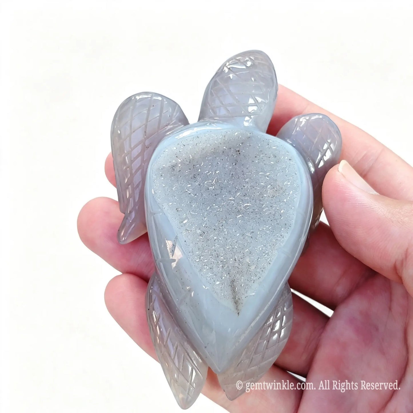 Agate crystal turtle figurine showing oval geode druzy opening and smooth polished flippers held in hand