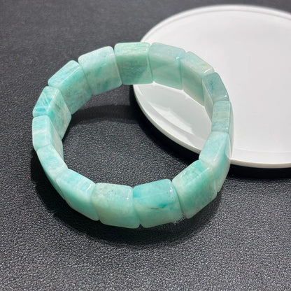 Pair of Natural Amazonite Bangle Bracelets laid flat, showing the 18cm stretch length and uniform bead sizing.