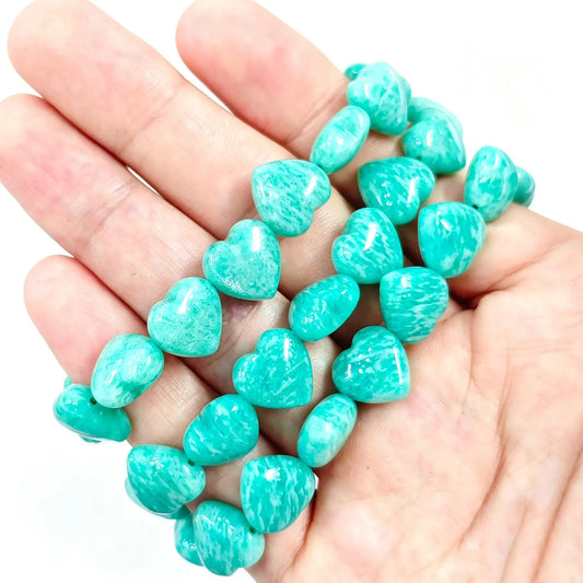 Amazonite heart bracelet with precision-carved blue green heart beads on elastic cord