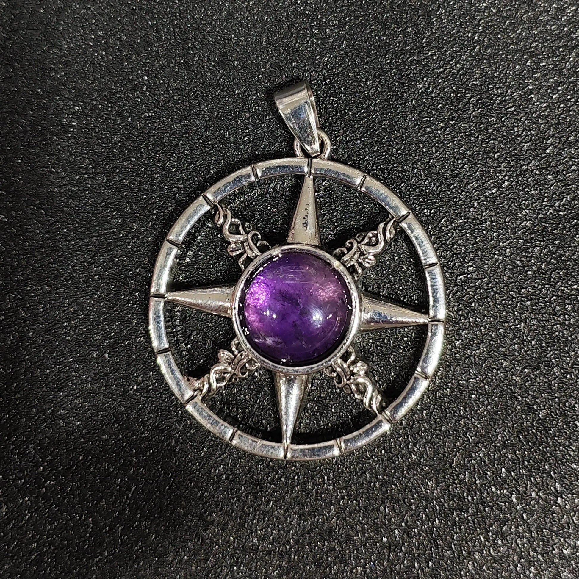 45mm antique pewter-tone metal alloy eight pointed star compass pendant with round natural amethyst cabochon