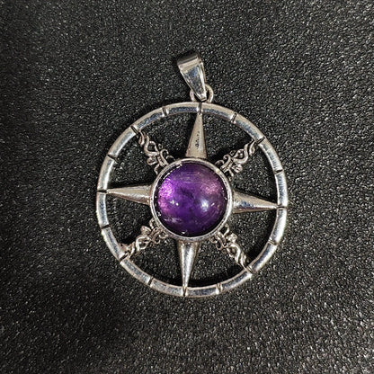 45mm antique pewter-tone metal alloy eight pointed star compass pendant with round natural amethyst cabochon