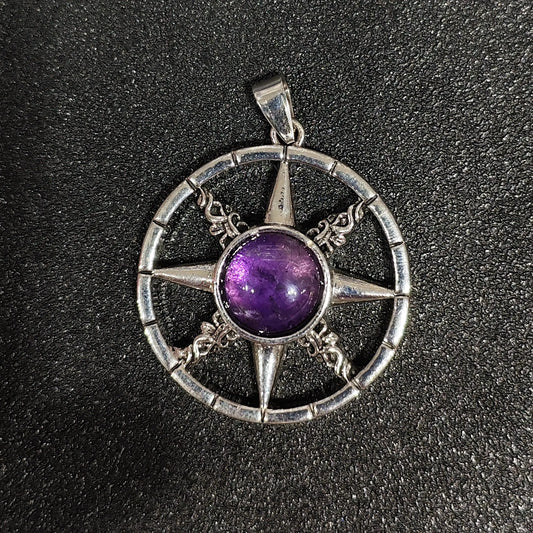 45mm antique pewter-tone metal alloy eight pointed star compass pendant with round natural amethyst cabochon