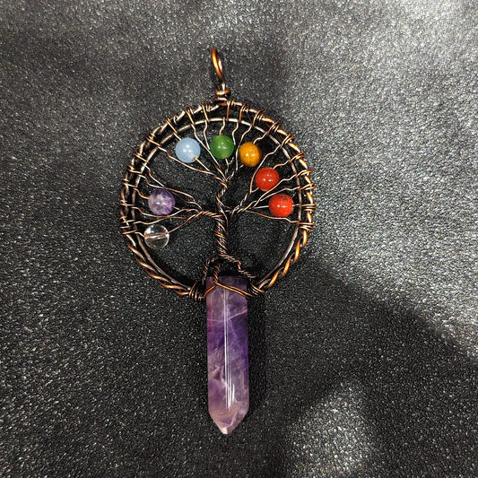 Antique copper-tone wire tree of life wrapped natural amethyst point pendant with multi color beads