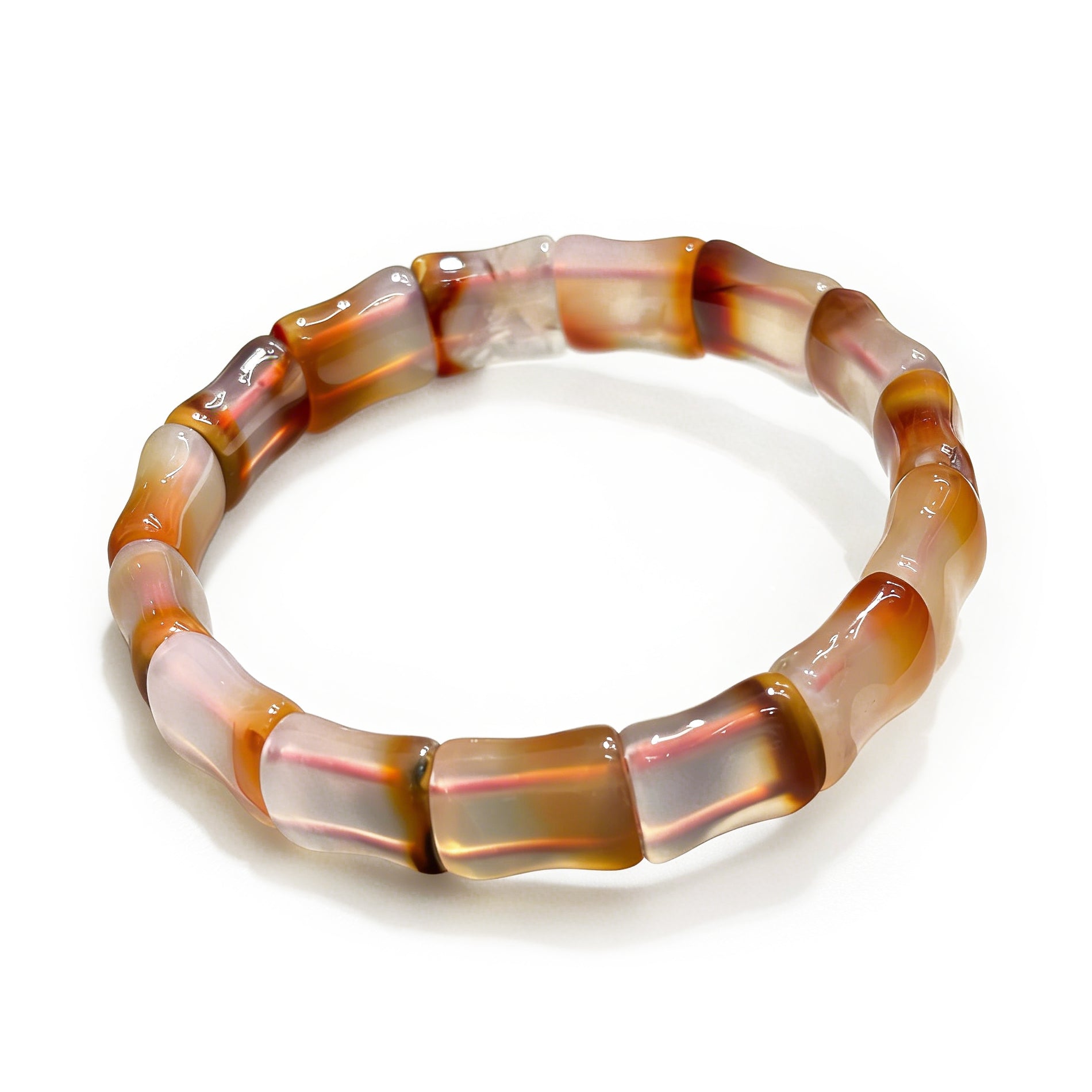 Natural Red Agate Bangle Bracelet with bamboo-shaped beads, approx. 12x15mm, 17cm stretch, showcasing the rich banding patterns on a white background.