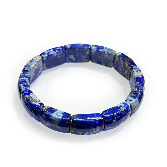 Natural lapis lazuli square tablet bead bracelet with white calcite veining, 17cm stretch design, boho aesthetic daily wear