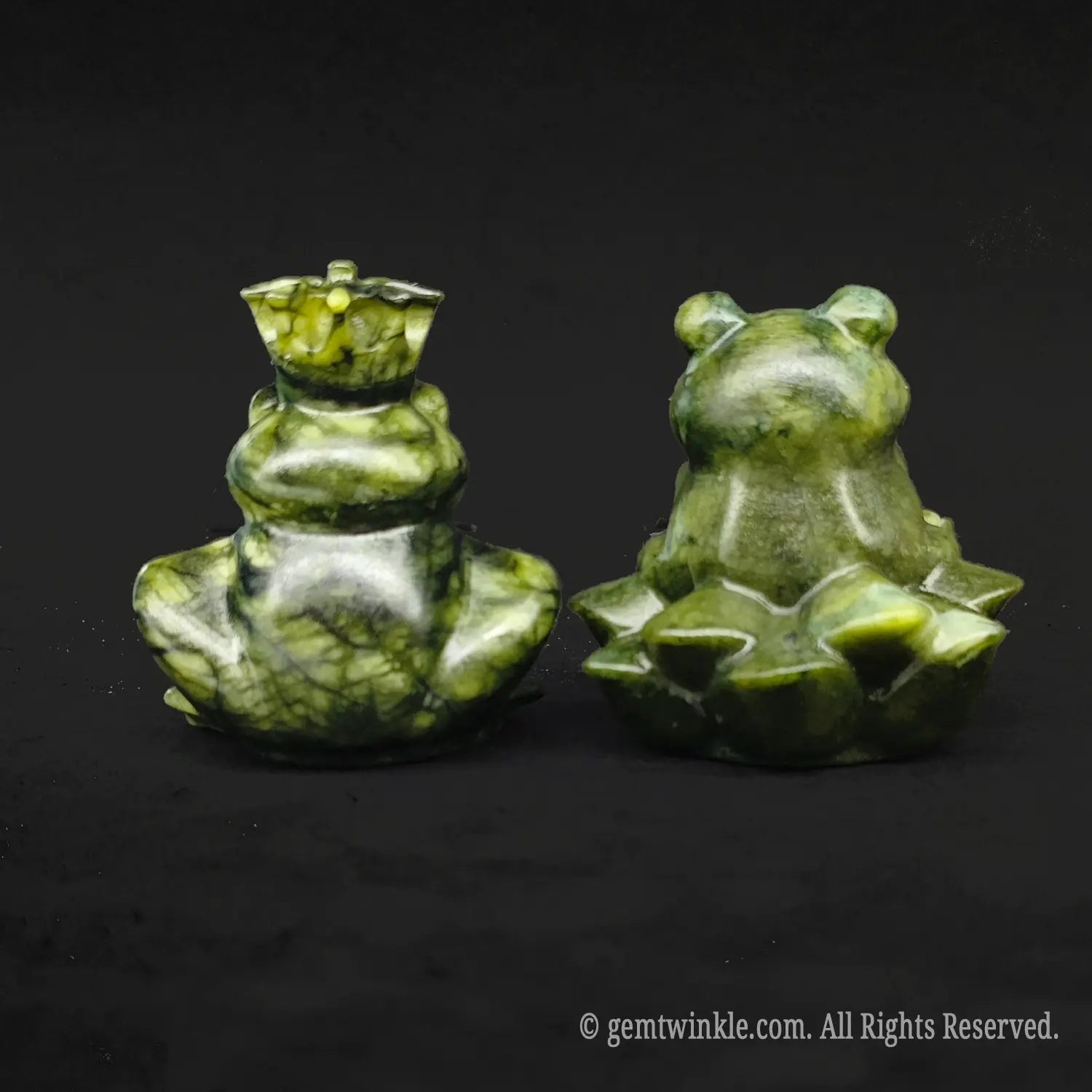 Back view of the serpentine stone frog prince and princess set showing the smooth polished finish and organic natural green rock textures