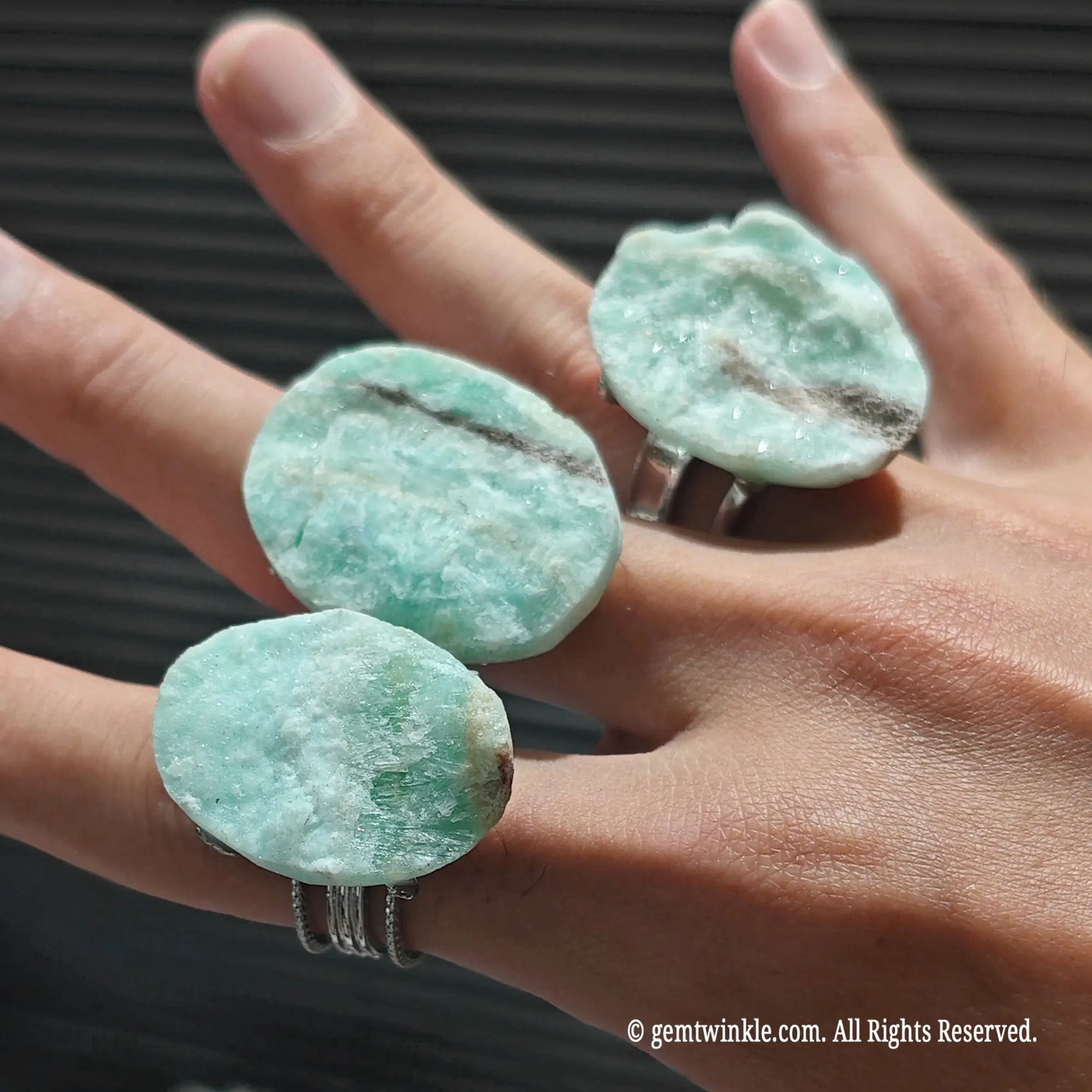 big boho statement ring with blue hemimorphite raw stone slab display