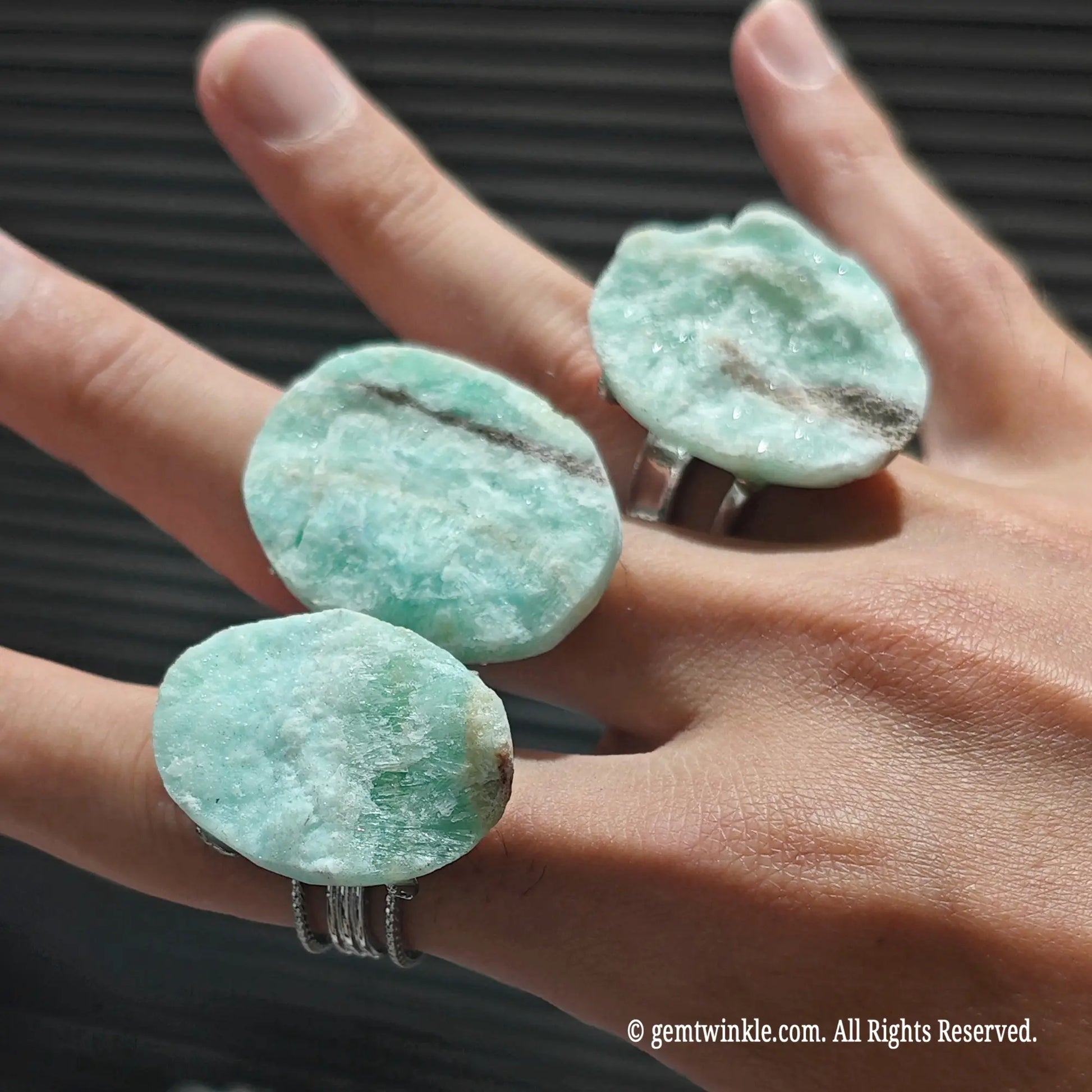 big boho statement ring with blue hemimorphite raw stone slab display
