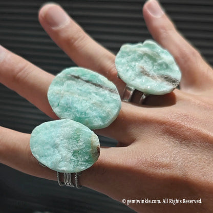 big boho statement ring with blue hemimorphite raw stone slab display